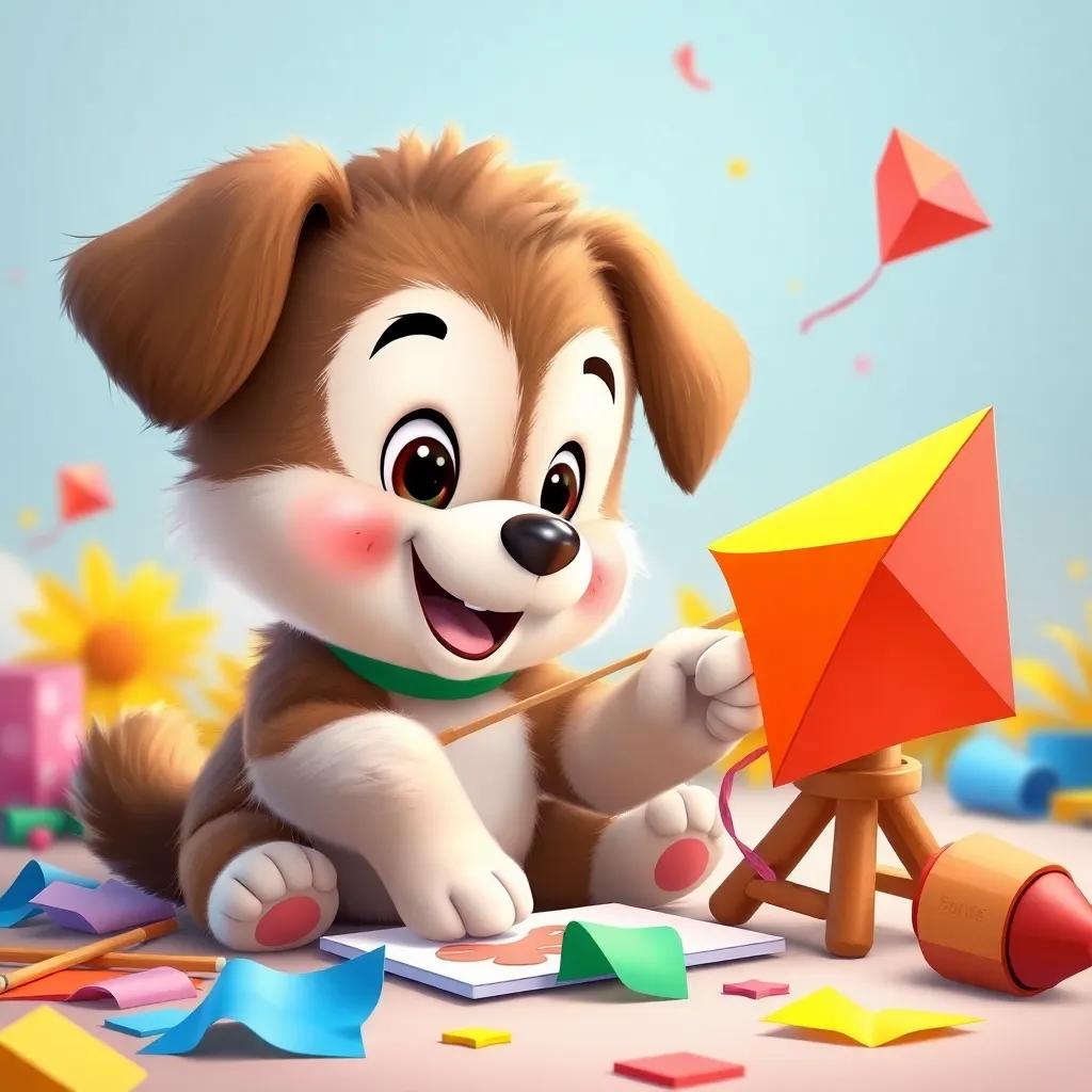 A cute puppy named Bobo, with fluffy fur, joyfully painting and assembling colorful paper for a kite, surrounded by vibrant colors, whimsical scene, child-friendly