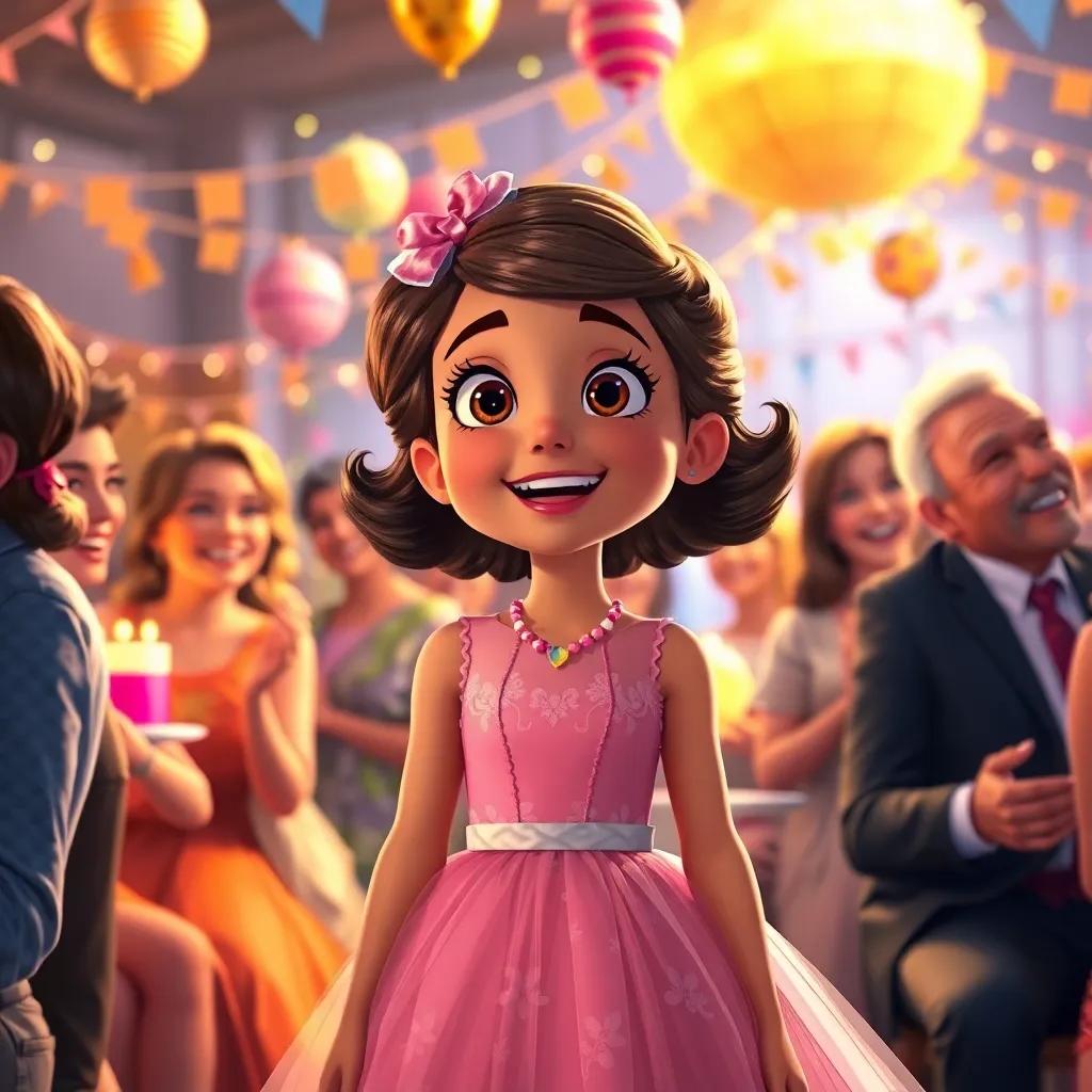 Layla wearing her new dress, looking excited at the party filled with laughter and decorations, surrounded by friends and family, lively environment, warm colors, high quality