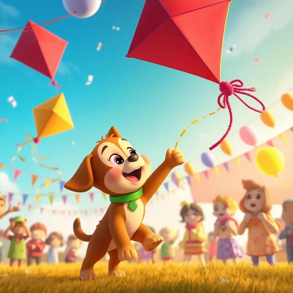 Bobo the puppy flying a colorful kite in a celebratory atmosphere, while it accidentally hits decorations and everyone is surprised, fun and dynamic scene, illustration