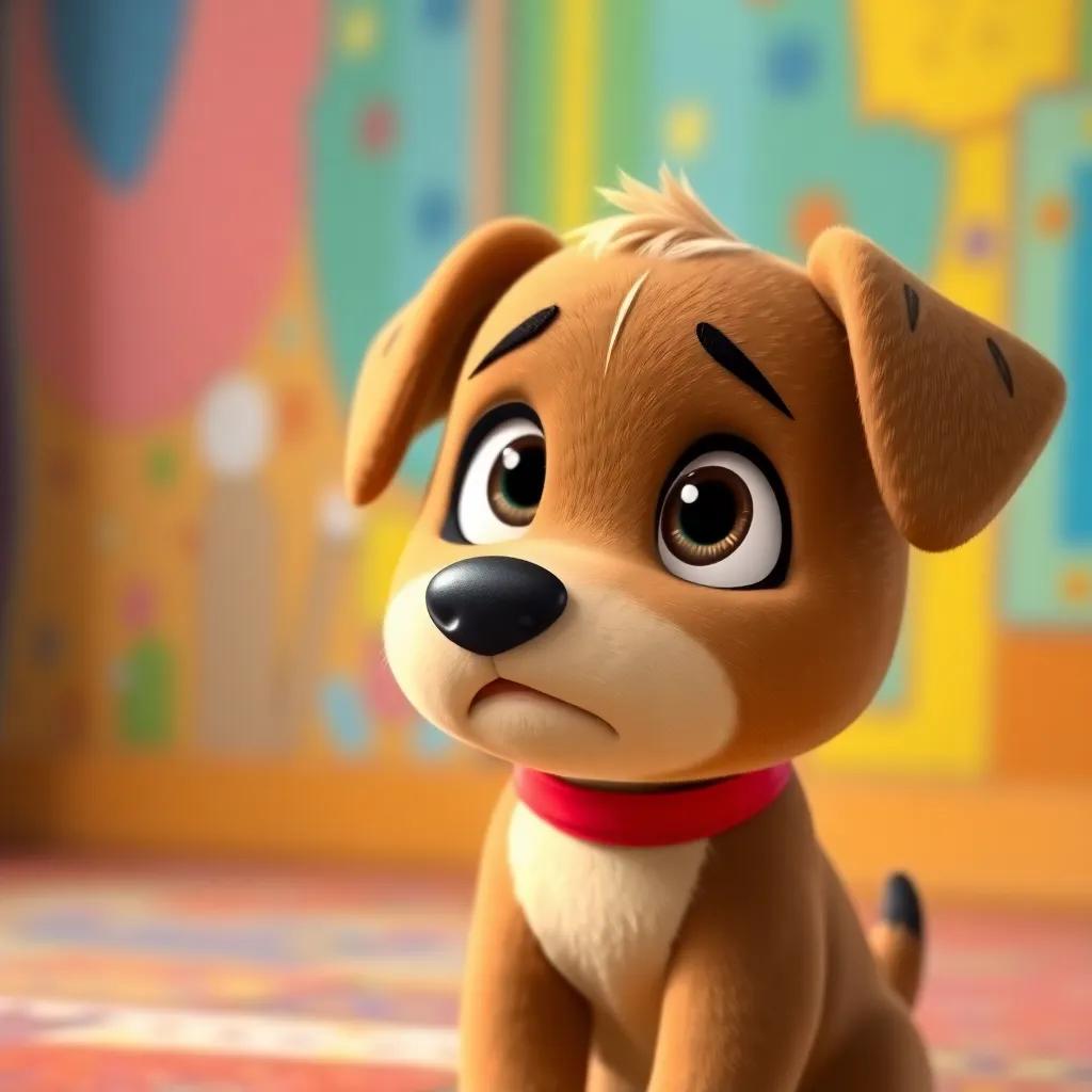 Bobo the puppy feeling worried and sad, looking at Layla with big eyes, colorful background showing a mix of excitement and concern, child-friendly image, bright colors