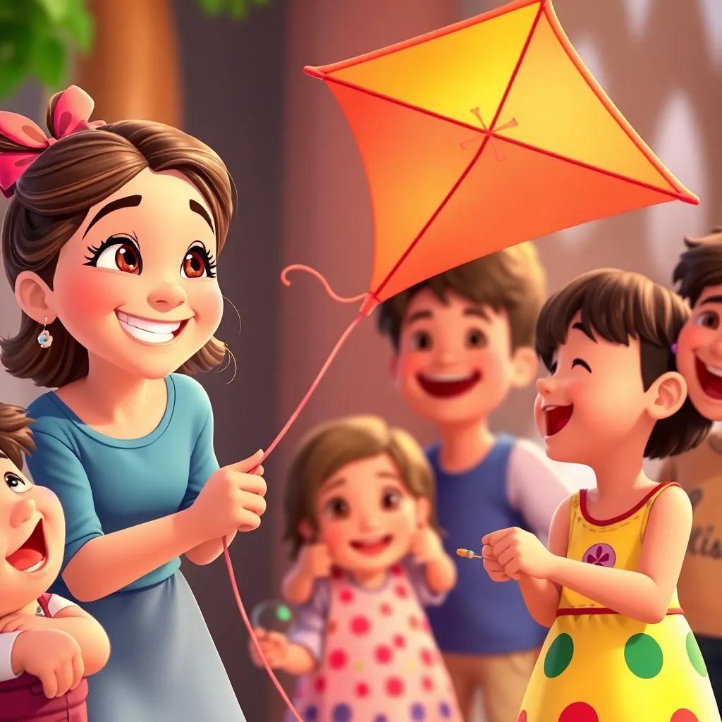 Layla smiling at Bobo, holding the colorful kite, while everyone is laughing and enjoying, joyful atmosphere, happy expressions, vibrant color palette