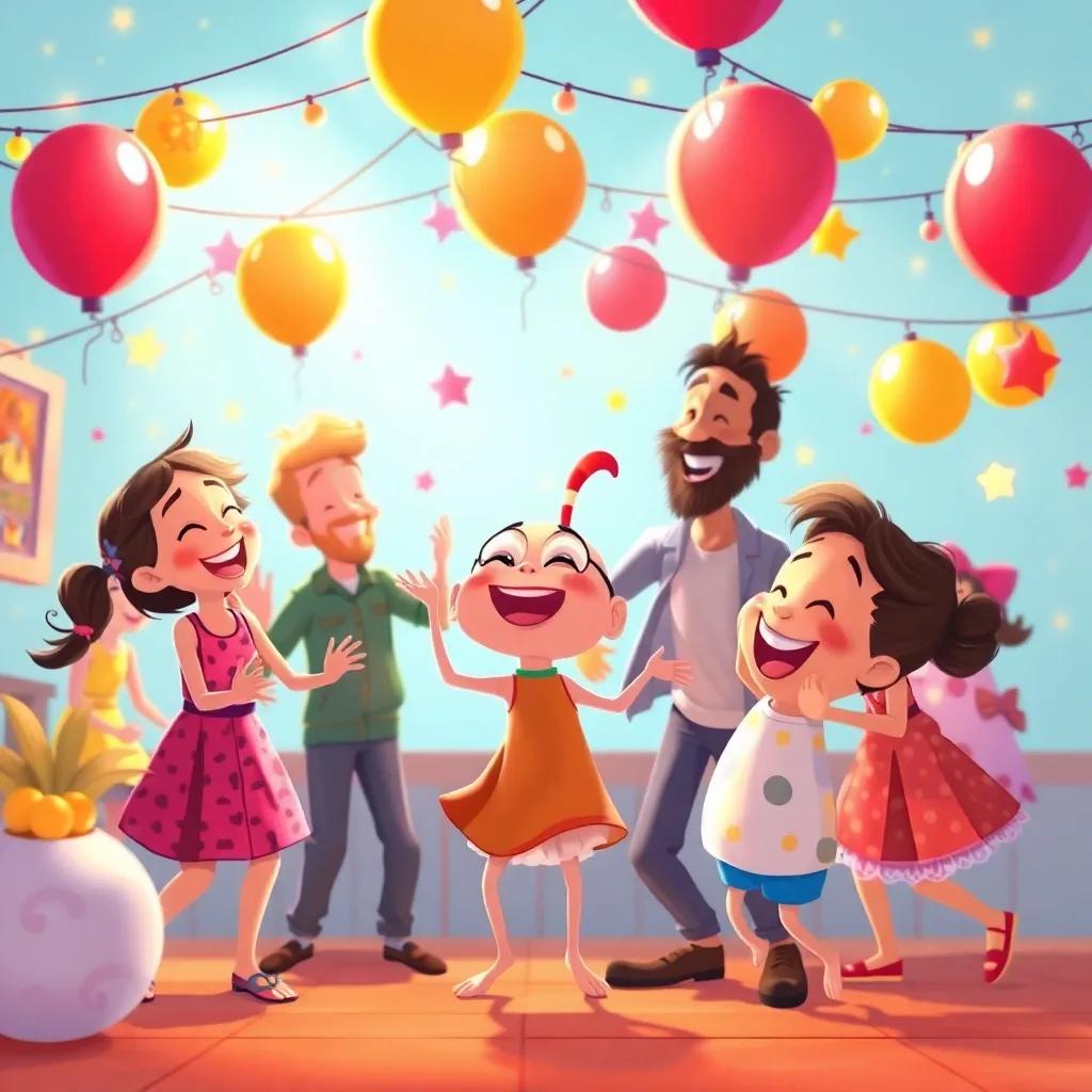 A joyful scene with everyone celebrating again, laughing and dancing, Layla and Bobo playfully interacting, warmth and happiness radiating, bright illustration