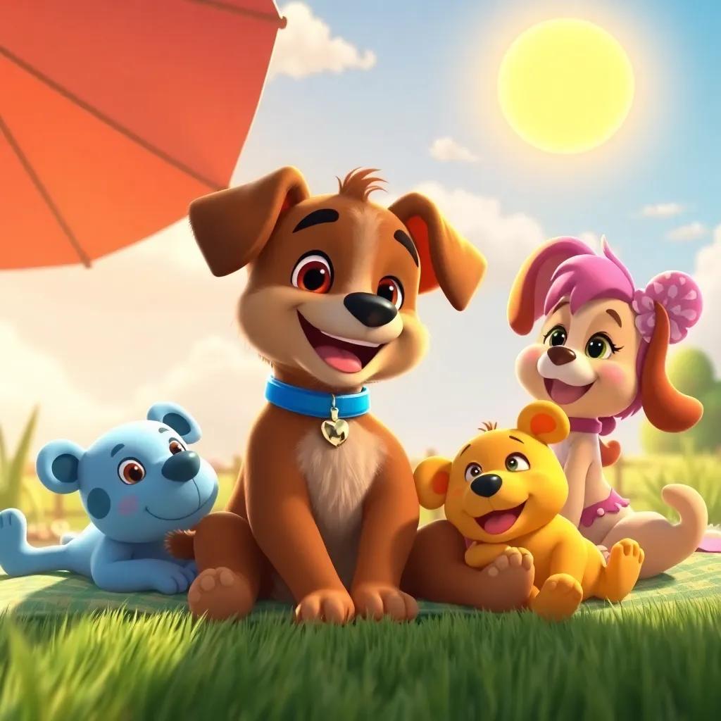 Bobo the puppy reflecting happily on friendship, lounging with Layla and friends under a sunny sky, colorful and cheerful environment, warm feeling
