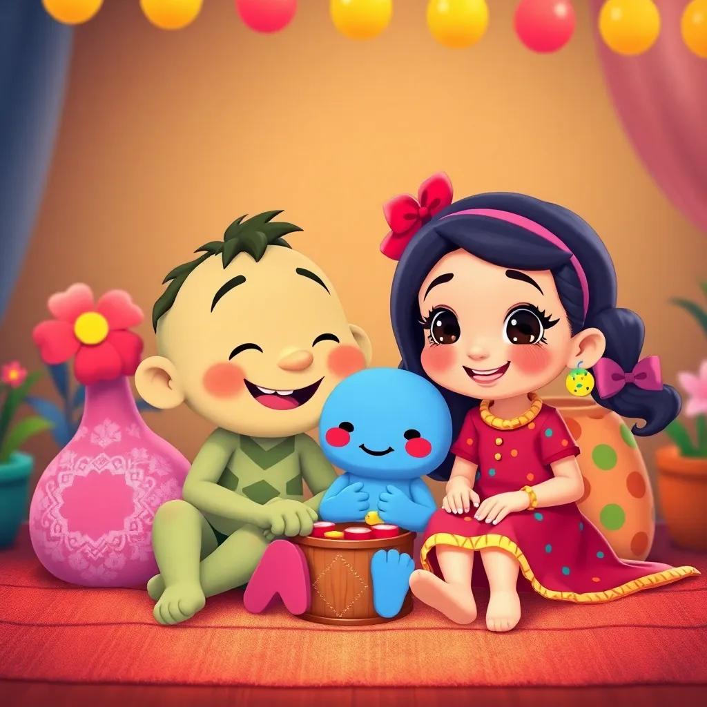 Bobo and Layla sitting together with friends, sharing moments of happiness, a celebration scene, vibrant colors, cozy arrangement, child-friendly art