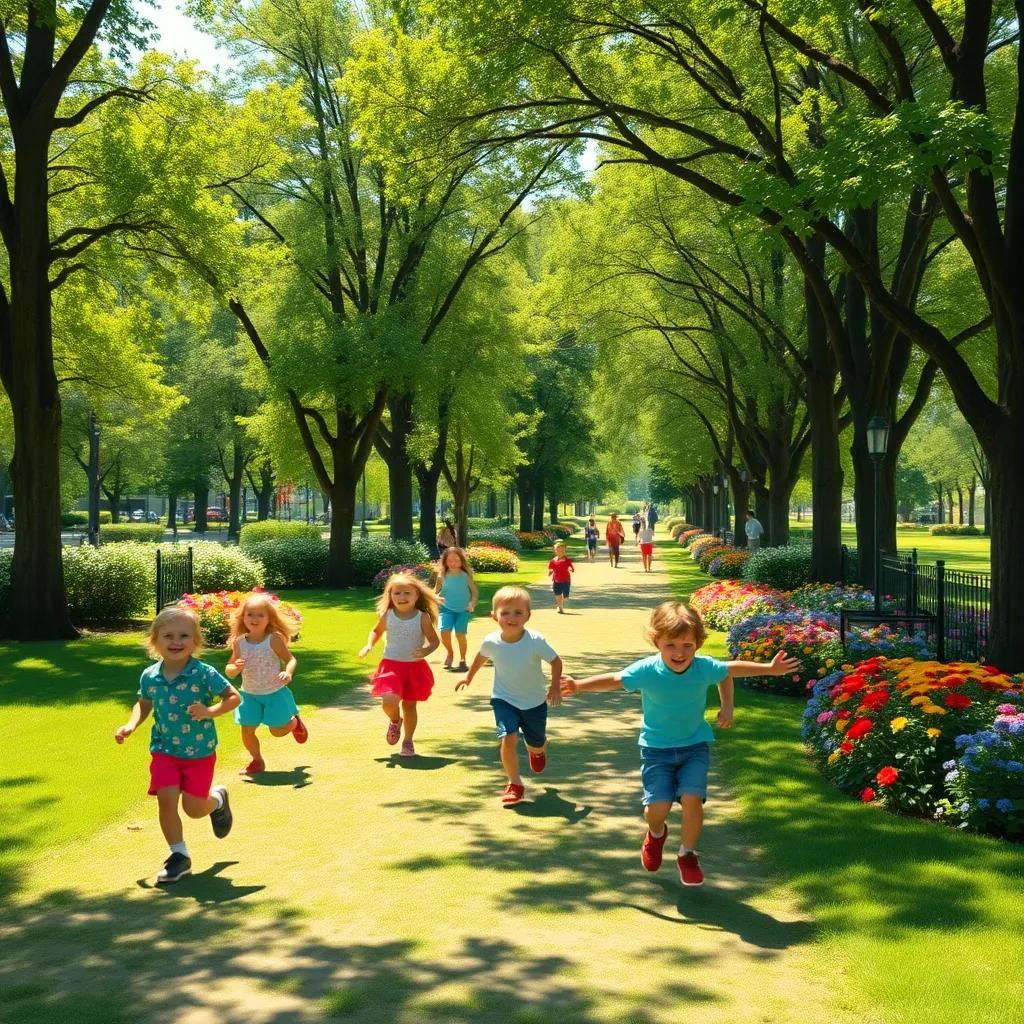 A lively park with children playing and running around, bright sunshine, green trees, and colorful flowers, a cheerful atmosphere, digital art, vivid colors, engaging perspective, high quality