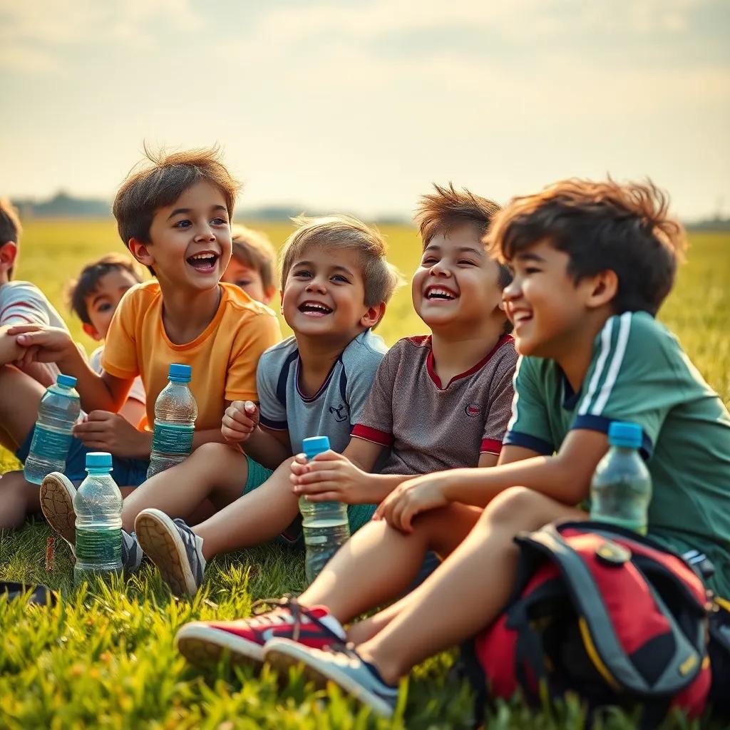 A group of enthusiastic kids, including Sami, laughing and resting on the grass, a light breeze in the air, surrounded by sports gear and water bottles, joyful expression, warm light, storytelling view, fantasy