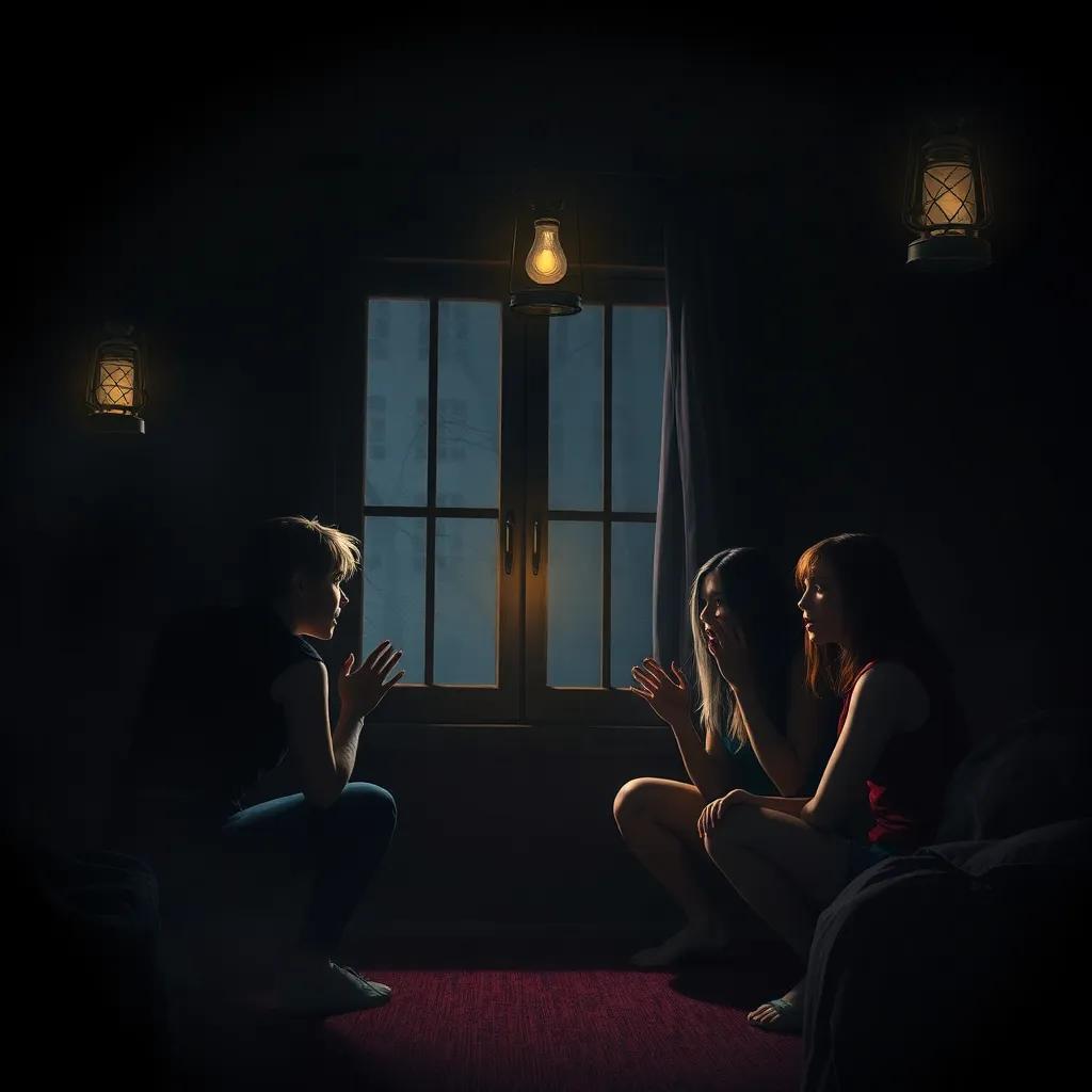 A dark room, four friends looking scared, trying to escape through a locked window, with shadows and eerie whispers surrounding them, dimly lit by an old swinging lantern, digital art, spooky atmosphere, high quality