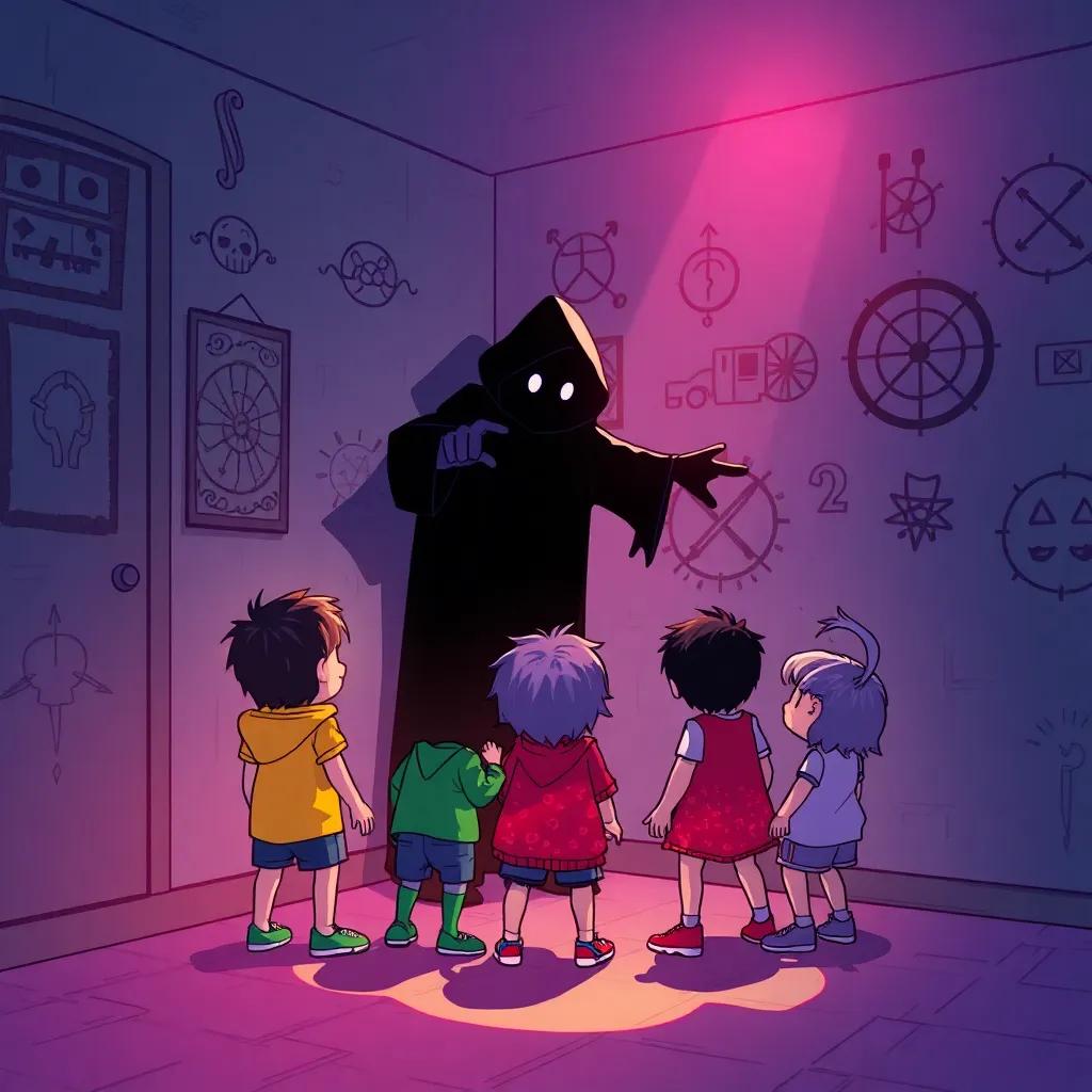A shadowy figure in the corner of a mysterious room, pointing towards the frightened friends, surrounded by strange symbols on the walls, brightly lit, illustration, suspenseful, detailed, child-friendly