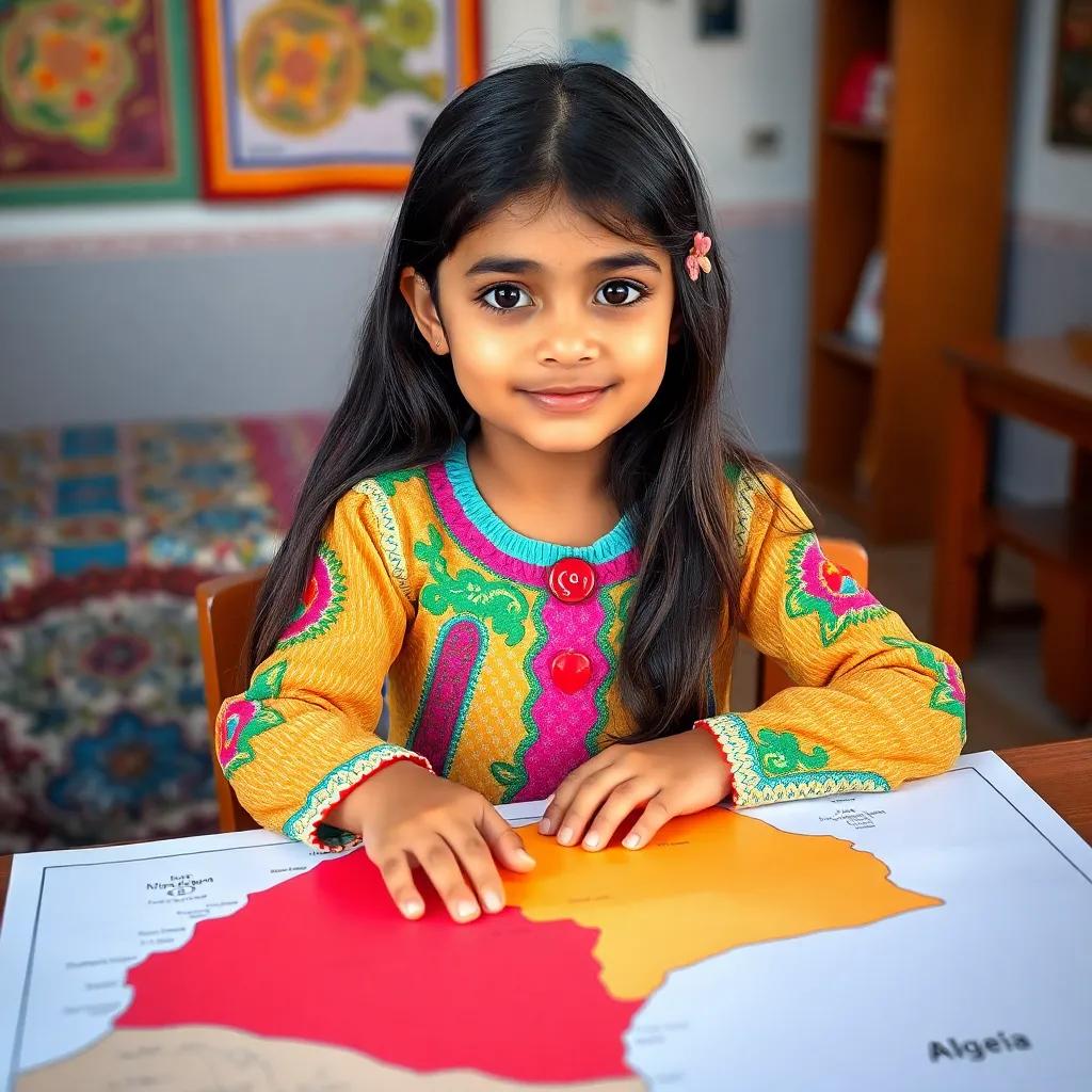 A young Arab girl, Meryem, with long, dark hair wearing a colorful dress, sitting at a table with a large map of Algeria, vibrant colors, child-friendly atmosphere, high quality