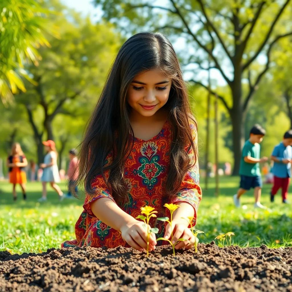 A young Arab girl, Meryem, with long, dark hair wearing a colorful dress, planting seeds in a big park with children playing around, bright sunshine and green trees, cheerful scene, high quality