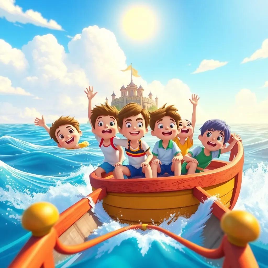A group of excited children sailing on a small magical boat towards a distant island surrounded by blue waves under a sunny sky, vibrant colors, cheerful atmosphere