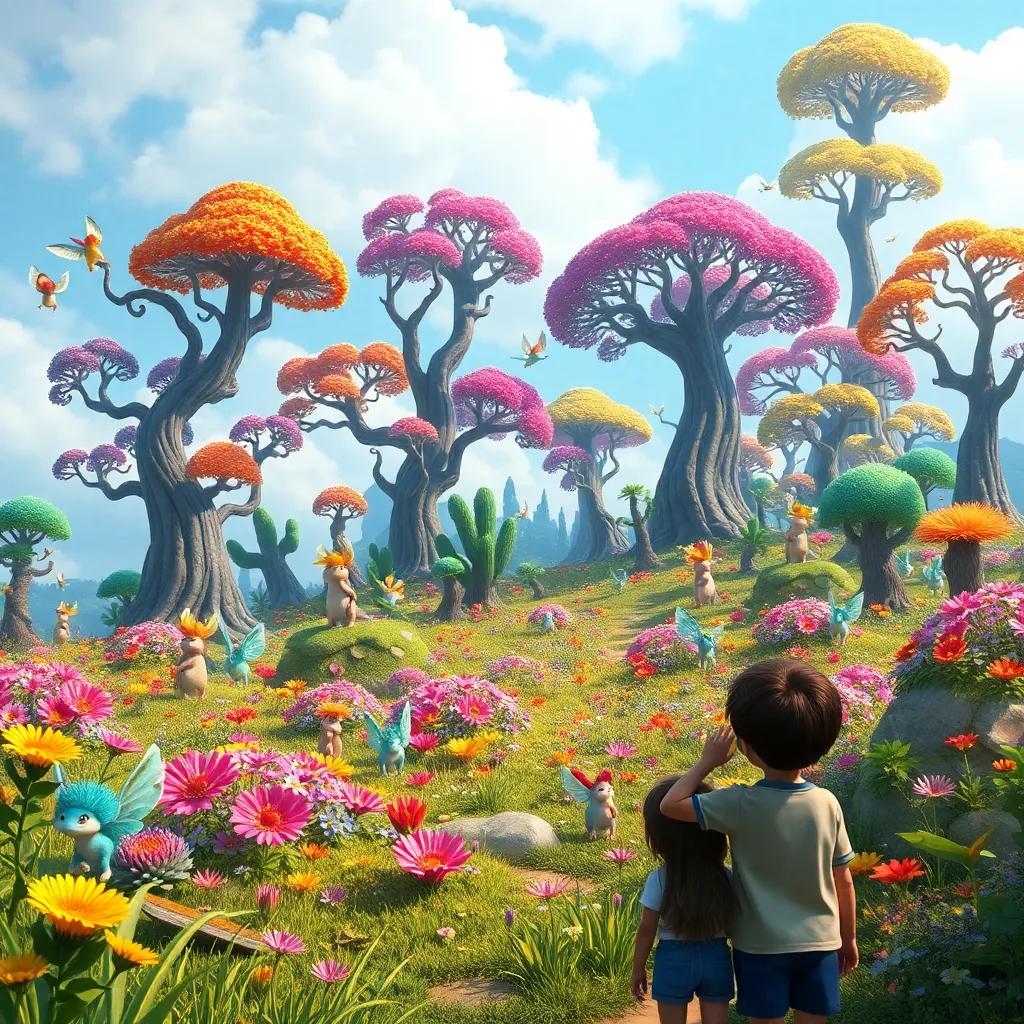 A colorful island filled with strange trees and vibrant flowers, with small magical creatures with shimmering wings fluttering around, children watching in amazement, fantasy scene