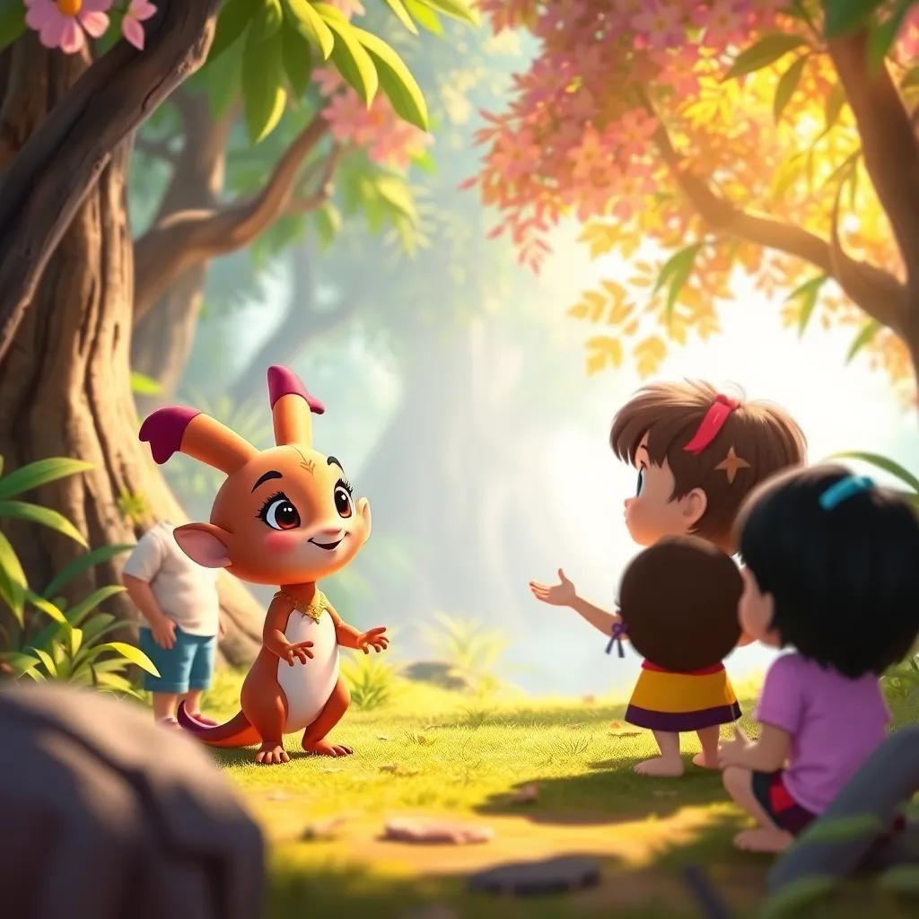 A small magical creature named Lita speaking to the children kindly in a bright and colorful forest on the island, animated, friendly, engaging environment