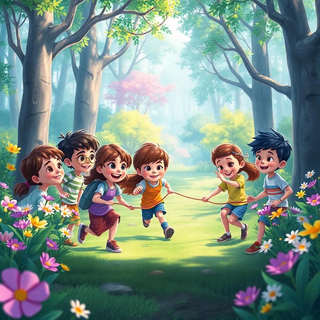 Children working together to organize a fun race in the magical forest with bright flowers and trees all around, atmosphere of joy and teamwork