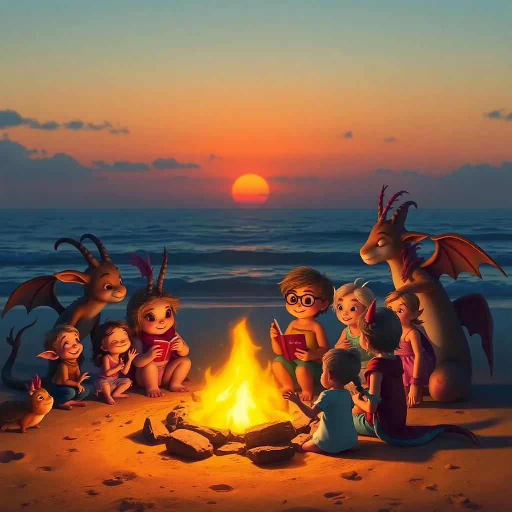Magical creatures and children gathered around a glowing campfire on the beach at sunset, sharing stories and laughing together, warm and inviting tones