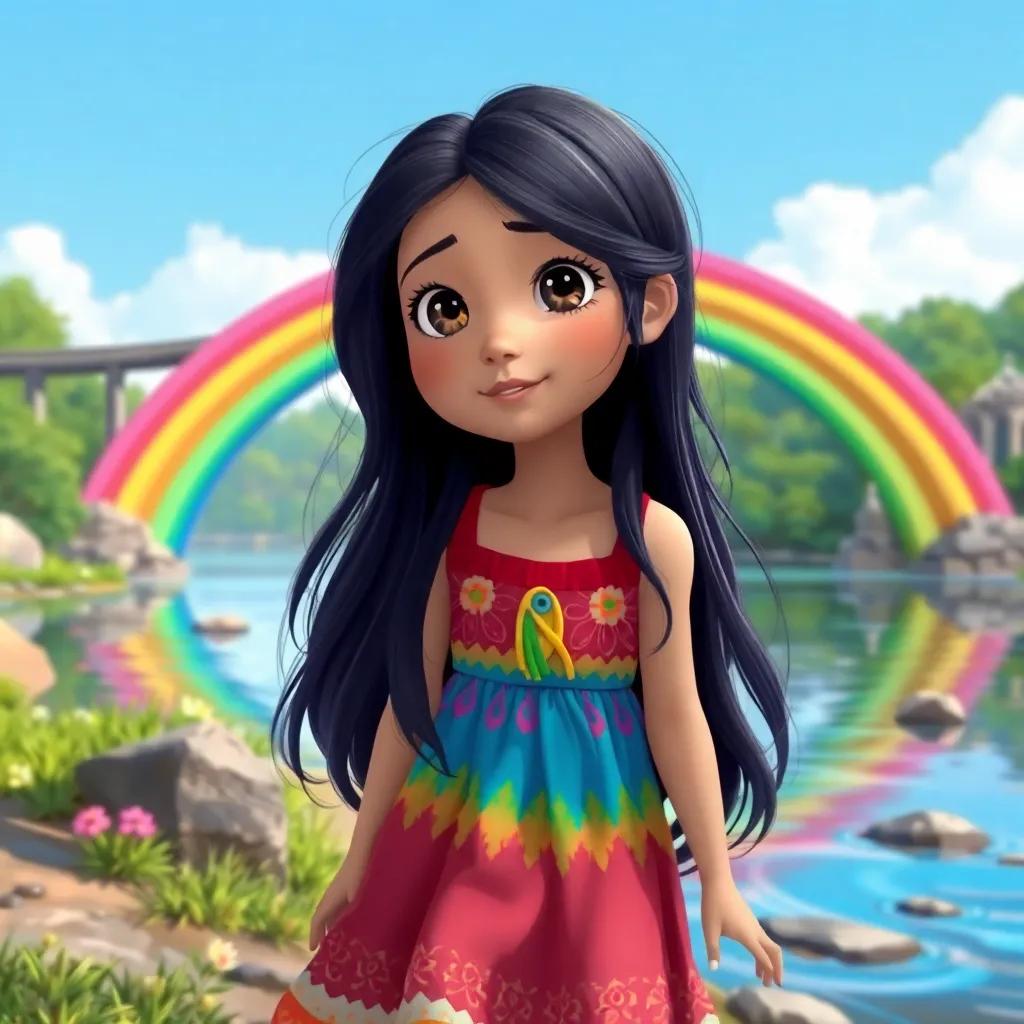 A young girl, Leila, with long dark hair wearing a colorful dress, playing by the river and discovering a magical rainbow bridge, bright colors, high quality