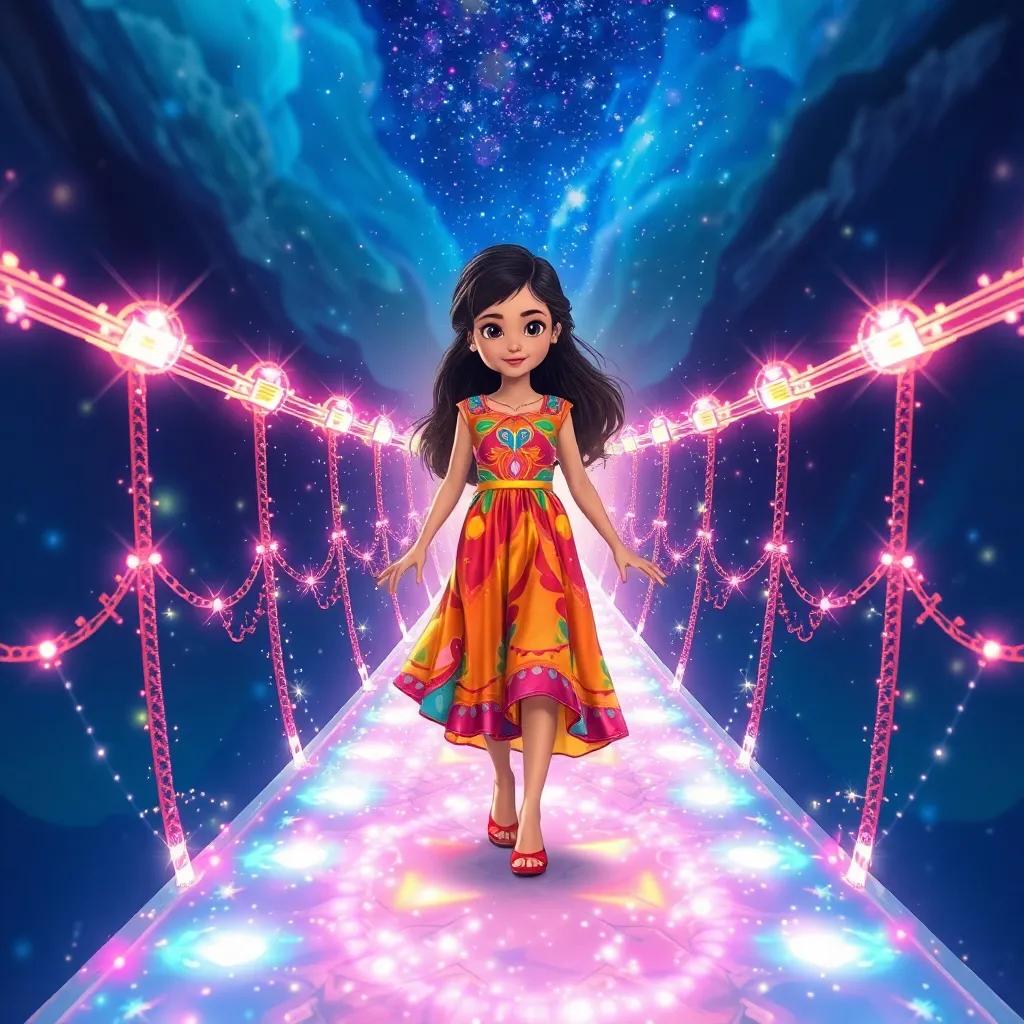 Leila, a young girl, with long dark hair in a colorful dress, stepping onto the glowing magical bridge, surrounded by sparkling lights and mystical energy, vibrant colors, detailed artwork