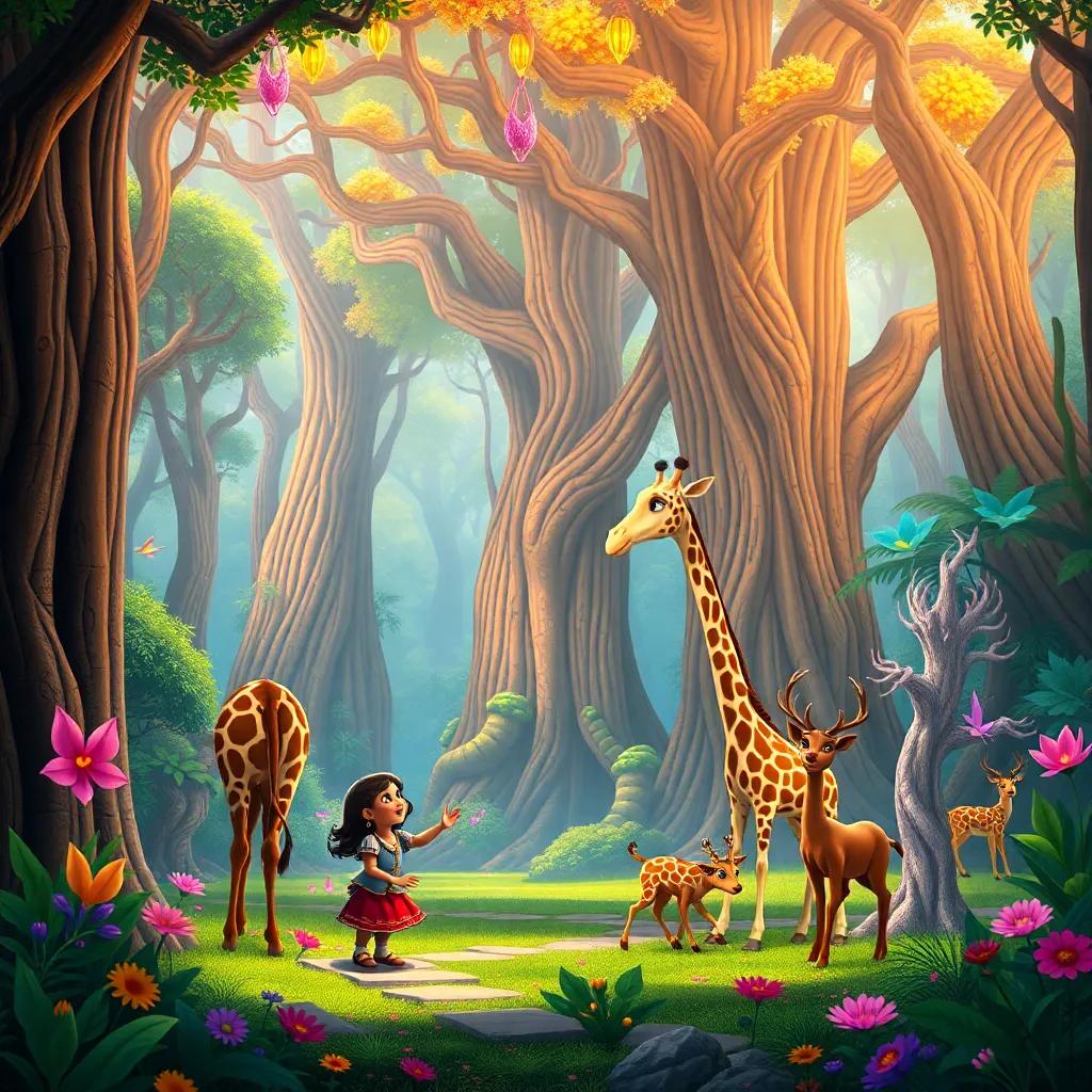A magical forest full of giant trees and colorful creatures, with Leila meeting a talking giraffe and dancing deer, enchanting scene, vivid colors, child-friendly