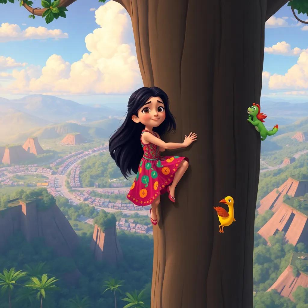 Leila, with long dark hair in a colorful dress, climbing a tall tree with her colorful animal friends, breathtaking view from the top, adventurous, bright colors, well-defined