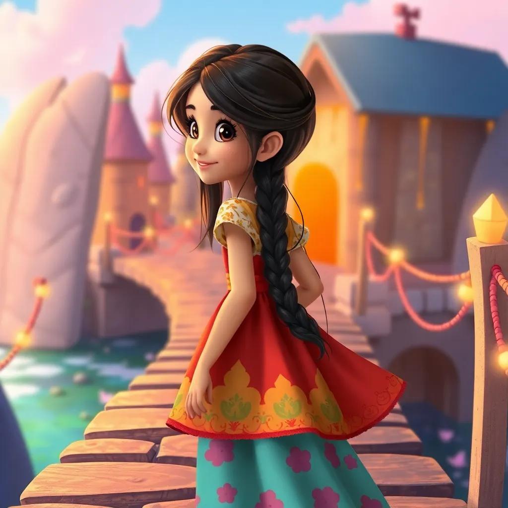 Leila, a young girl with long dark hair in a colorful dress, crossing back over the magical bridge with a smile, memories of her adventures in her heart, warm colors, cheerful atmosphere