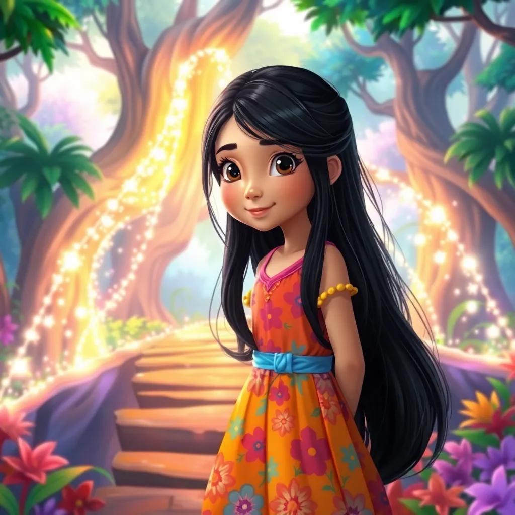 A brave girl, Leila, with long black hair and wearing a colorful dress, discovering a shimmering magical bridge in a vibrant forest, digital art, bright colors, enchanting atmosphere, high quality