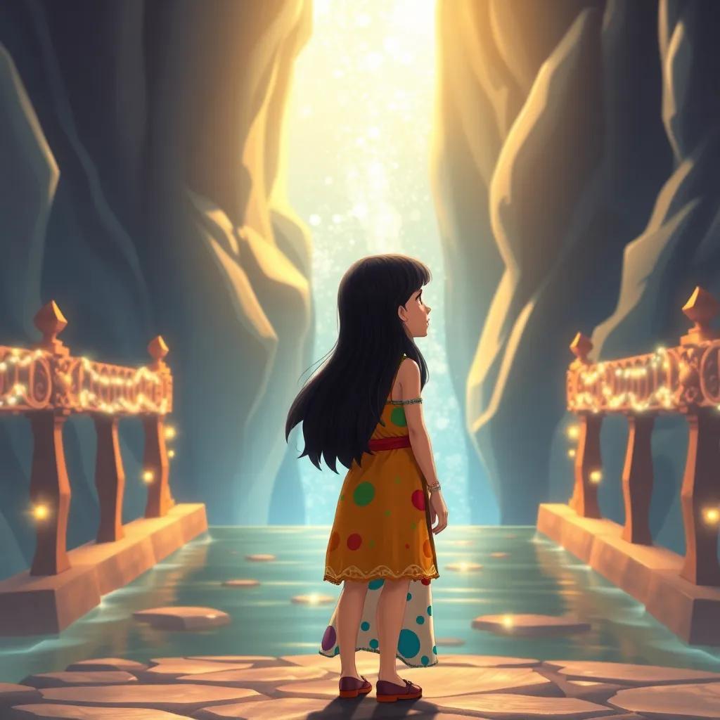 Leila, a brave girl with long black hair in a colorful dress, standing at the magical bridge, which sparkles under the sunlight, with curiosity and excitement, fantasy illustration, warm light, inviting scene, high quality