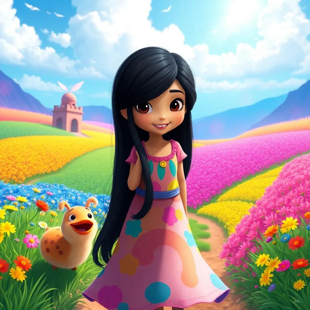 Leila, a brave girl with long black hair in a colorful dress, entering a magical world full of colorful fields and singing creature, vibrant colors, joyful atmosphere, whimsical art, fantasy