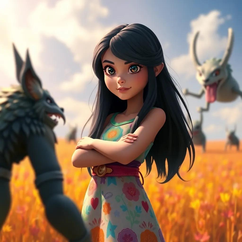 Leila, a brave girl with long black hair in a colorful dress, facing strange creatures while standing in a colorful field, her expression confident and determined, digital painting, dynamic lighting, imaginative scene, high quality
