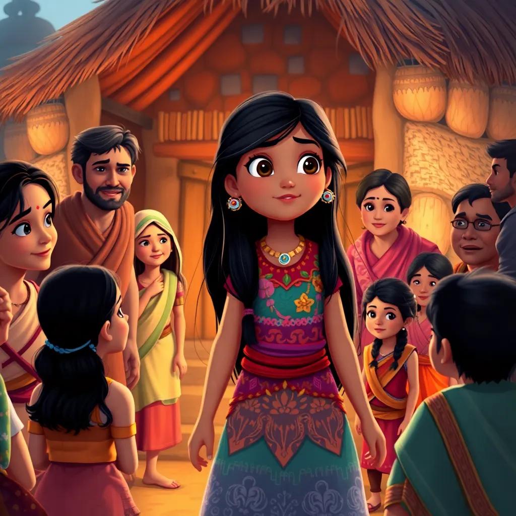 Leila, a brave girl with long black hair in a colorful dress, returning to her village, surrounded by friends and family who are listening to her adventure story, warm colors, heartwarming atmosphere, detailed digital art, high quality