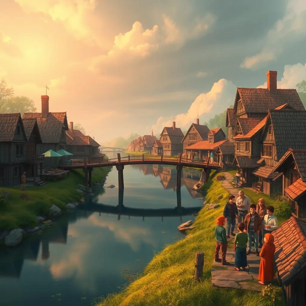 A small village surrounded by a large river, with an old wooden bridge connecting both sides. Villagers are gathered, looking worried about the storm damage, digital art, warm colors, inviting atmosphere, high quality