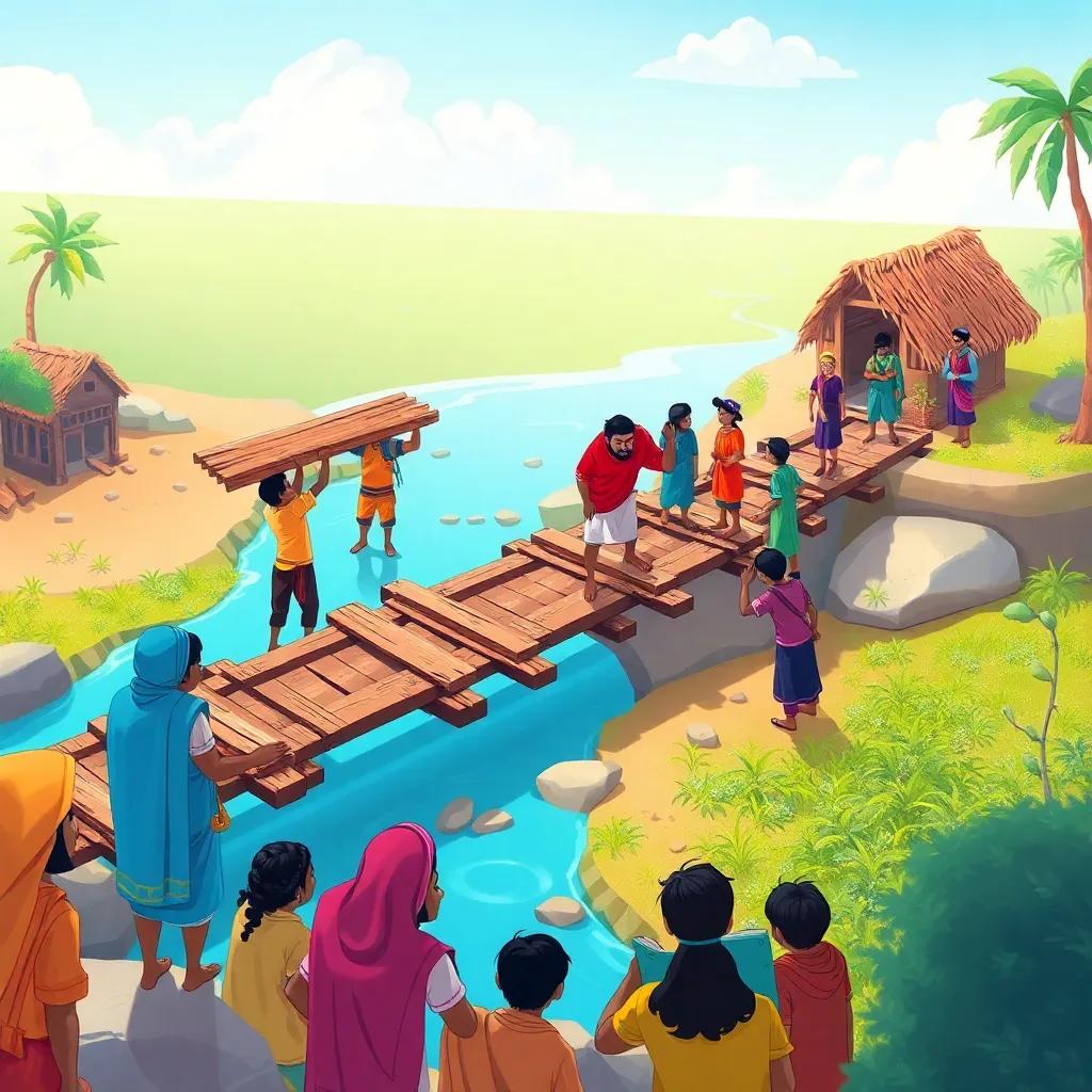 A group of villagers working together on the damaged bridge, with Ali leading and seeking help. Some carry wooden planks while others gather around to discuss, illustration, vibrant colors, energetic scene, child-friendly.