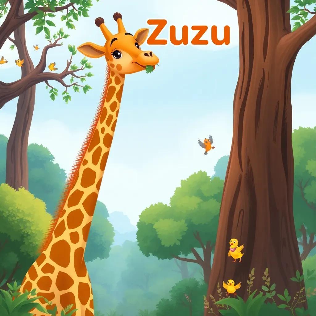 A tall and beautiful giraffe named Zuzu with a long neck, happily eating green leaves from a tall tree, surrounded by a lush forest and cheerful birds, digital art, vibrant colors, lively atmosphere, high quality