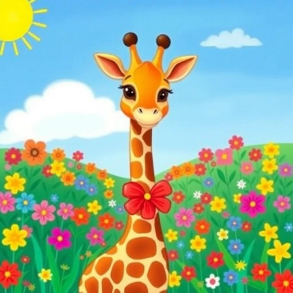 A graceful giraffe named Zuzu wearing a bright red flower around her neck, standing in a colorful garden filled with vibrant flowers of all colors and a sunny blue sky, illustration, cheerful, enchanting scenery, child-friendly