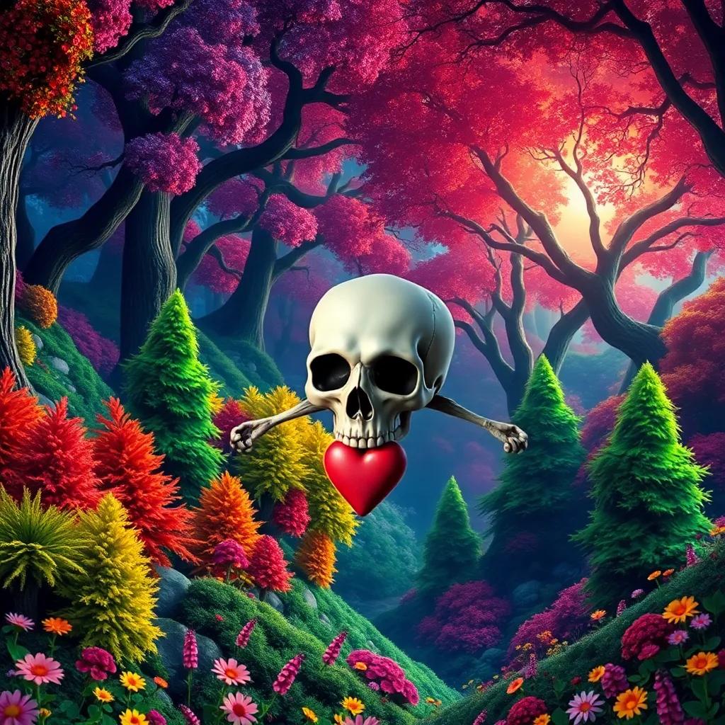 A wise skull with short arms and a big heart, watching over a magical forest filled with vibrant trees and flowers, digital art, colorful, enchanting atmosphere, sharp focus, high quality