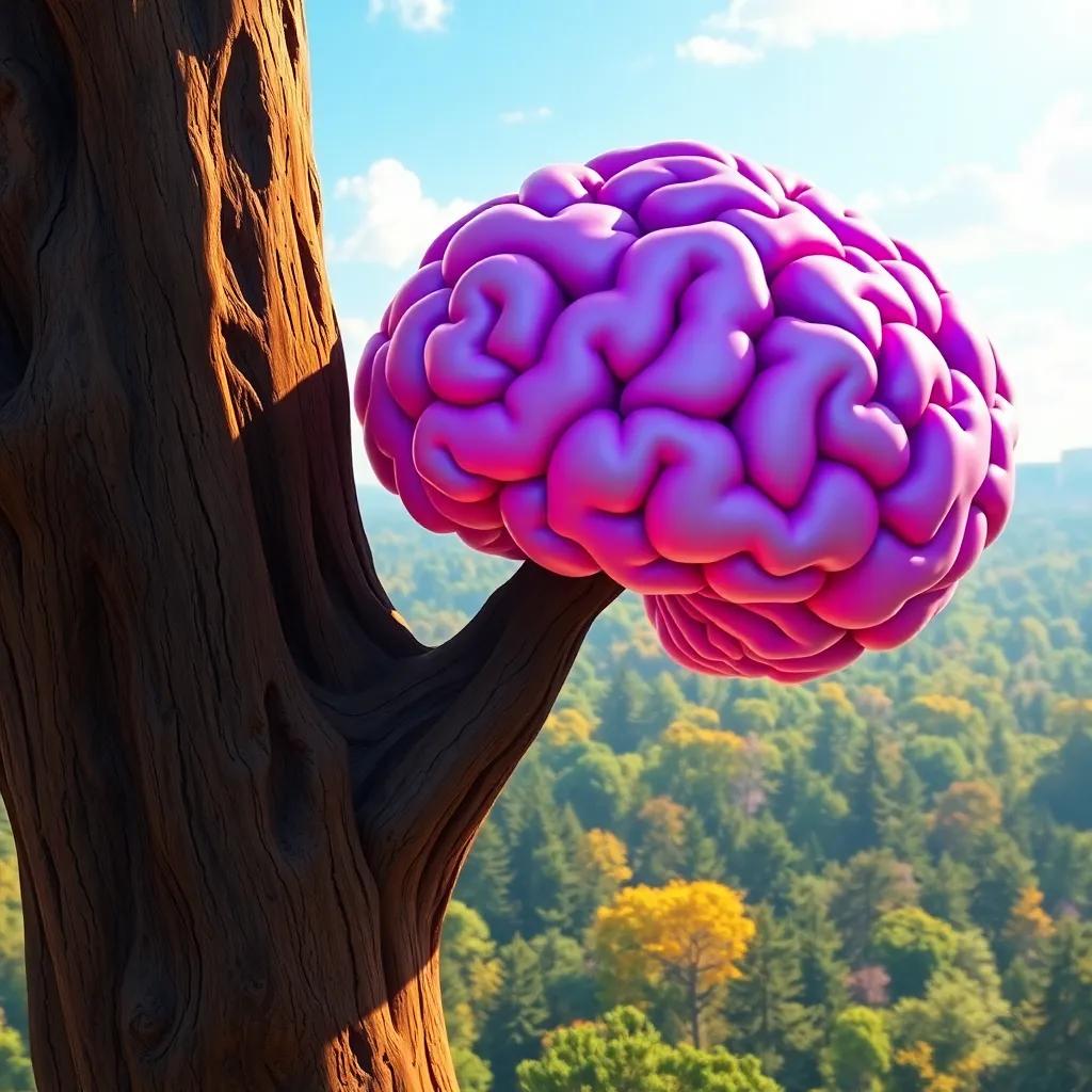 A brain living atop a tall tree, enjoying a sunny day with a view of the magical forest below, vibrant colors, cheerful, child-friendly