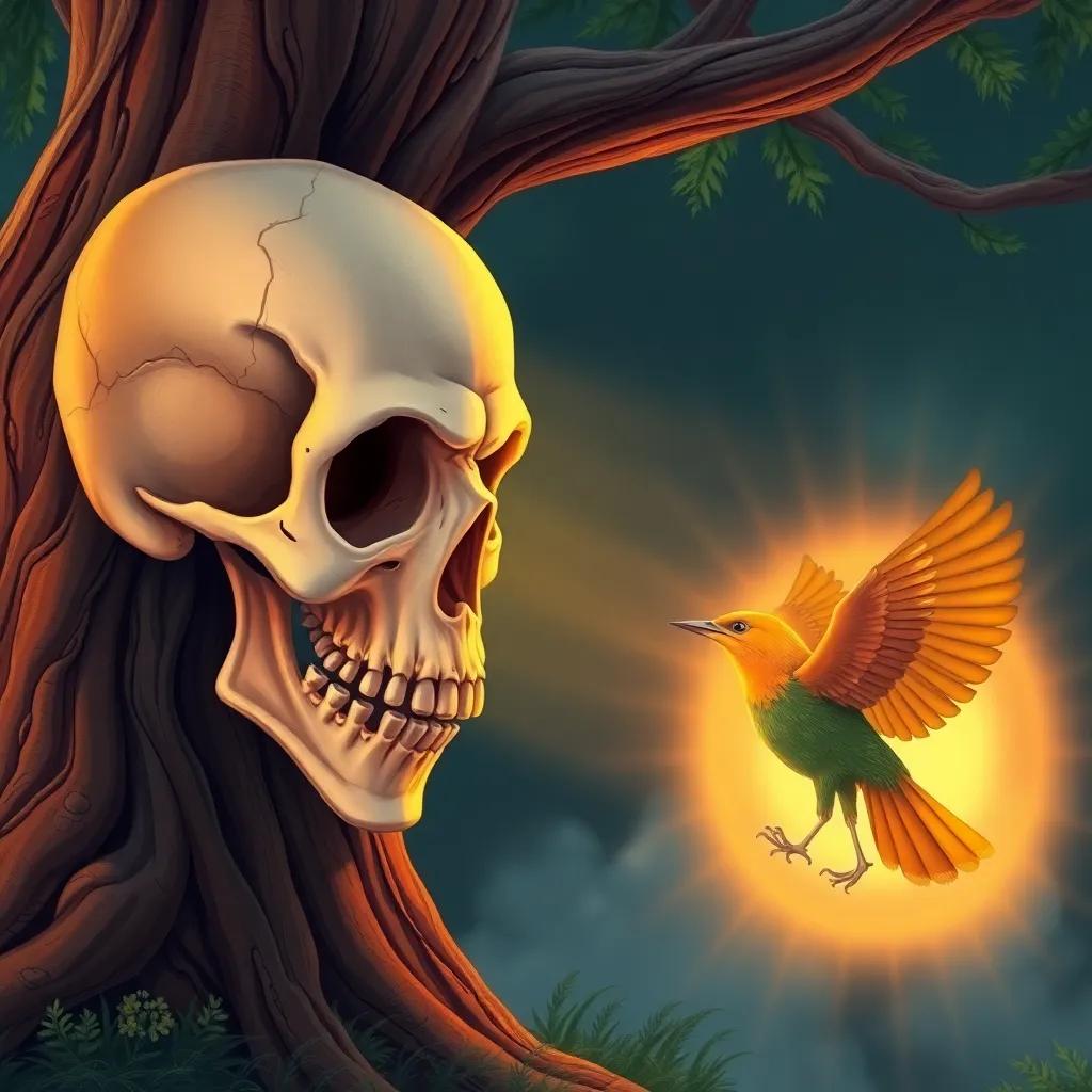 The wise skull looking concerned as the bird approaches, radiating a protective glow around the tree, warm light, vibrant colors, detailed illustrations, high quality