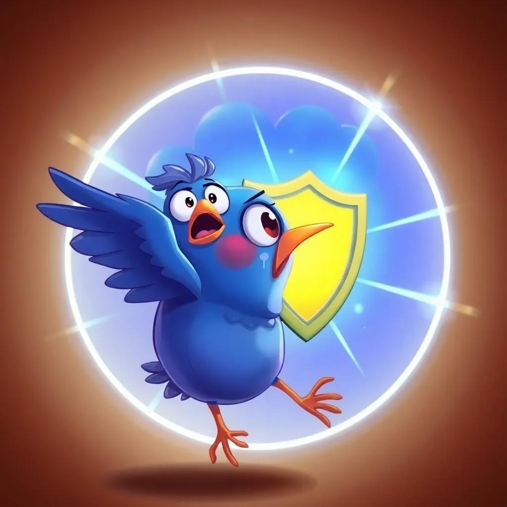 A frightened bird deciding to fly away from the glowing shield around the brain, showing scared expressions, bright colors, cartoon style, high quality