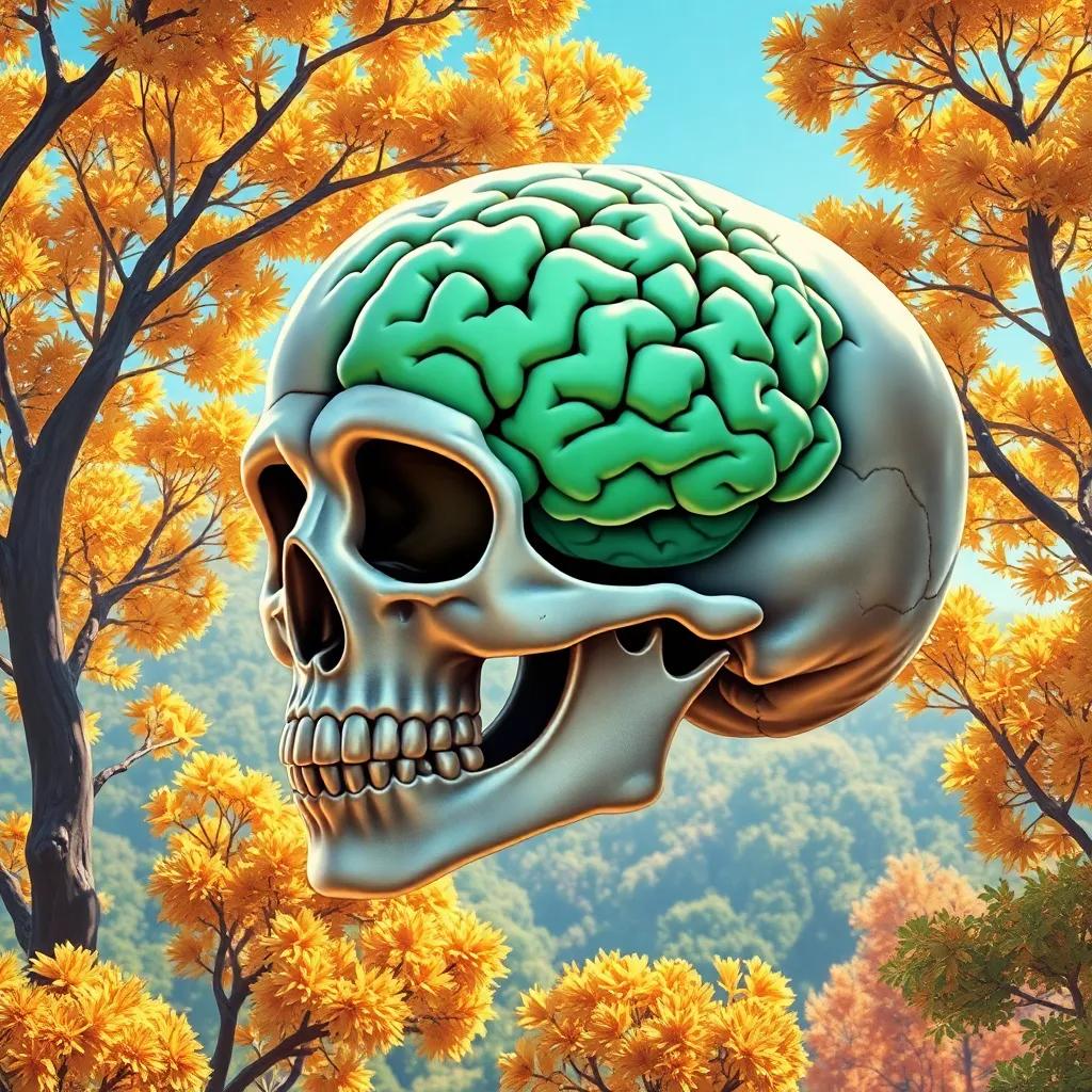 The brain feeling safe thanks to the skull's protection, showing a grateful expression, bright tree top scenery, heartwarming, detailed vibrant illustration, high quality