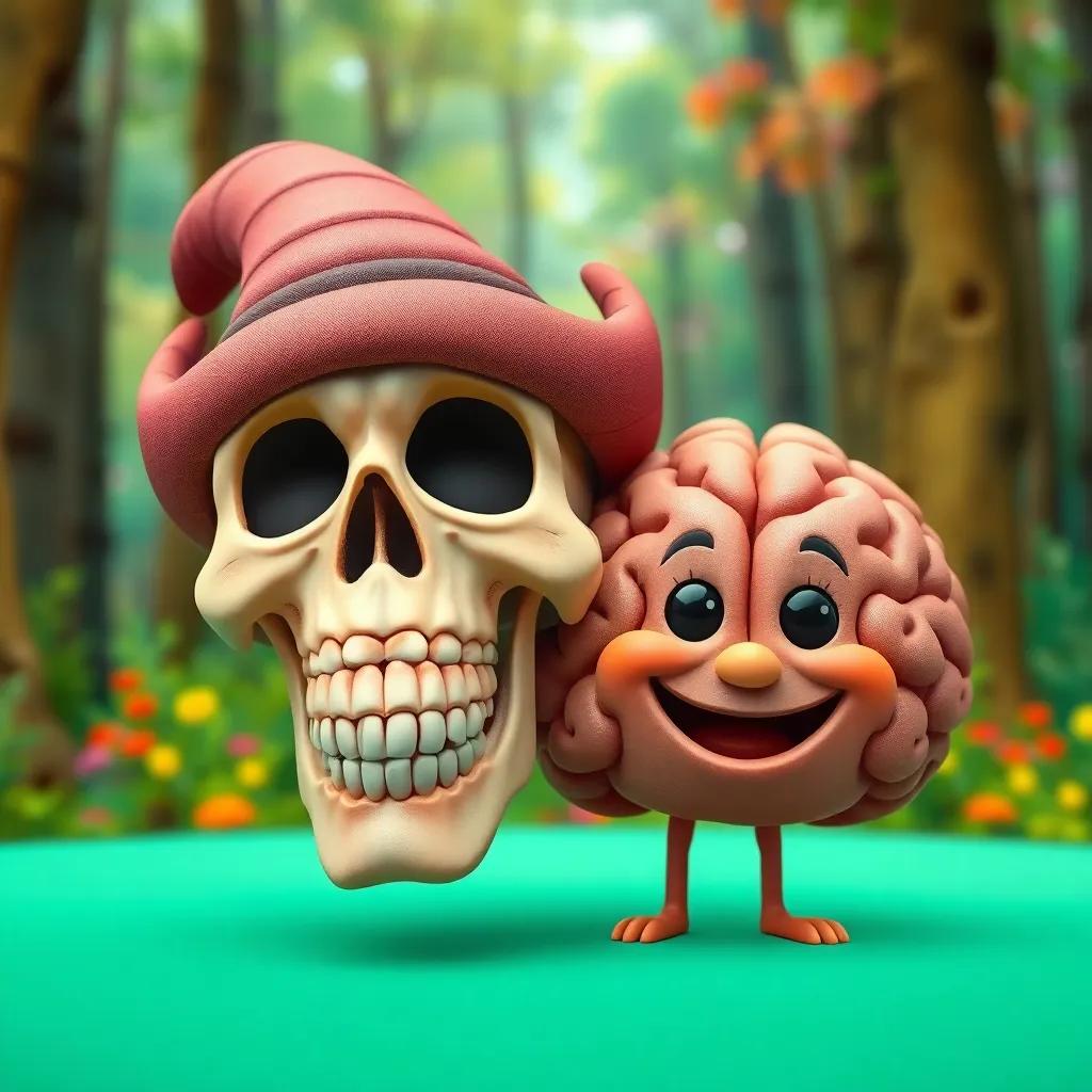 The wise skull smiling proudly next to the happy brain, with a colorful forest backdrop, vibrant characters, cheerful and friendly, high quality