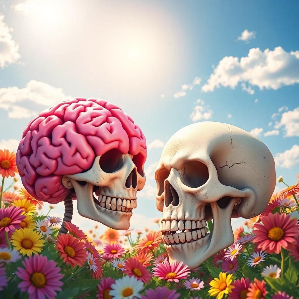 A joyful friendship between the brain and the skull under a bright, sunny sky, with colorful flowers around them, playful atmosphere, charming details, high quality