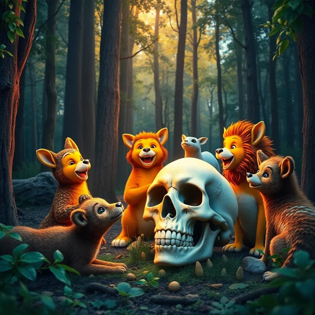 Laughter and bravery filling the forest with joyful animals watching the brain and the skull together, vibrant colors, engaging scene, high quality