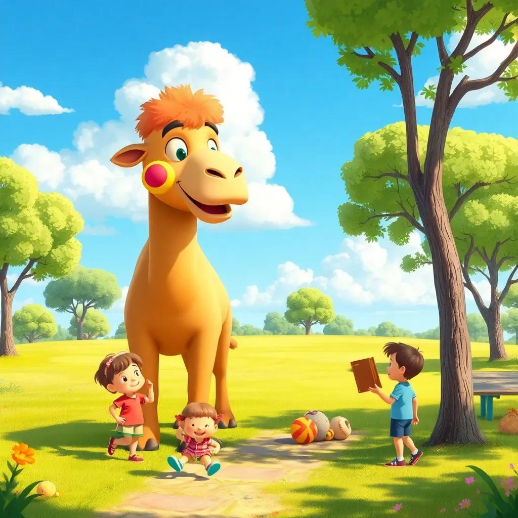 A cheerful scene in a sunny park with children playing and a big friendly camel looking at them, the sky is blue with fluffy clouds, vibrant colors, joyful atmosphere, digital art, high quality