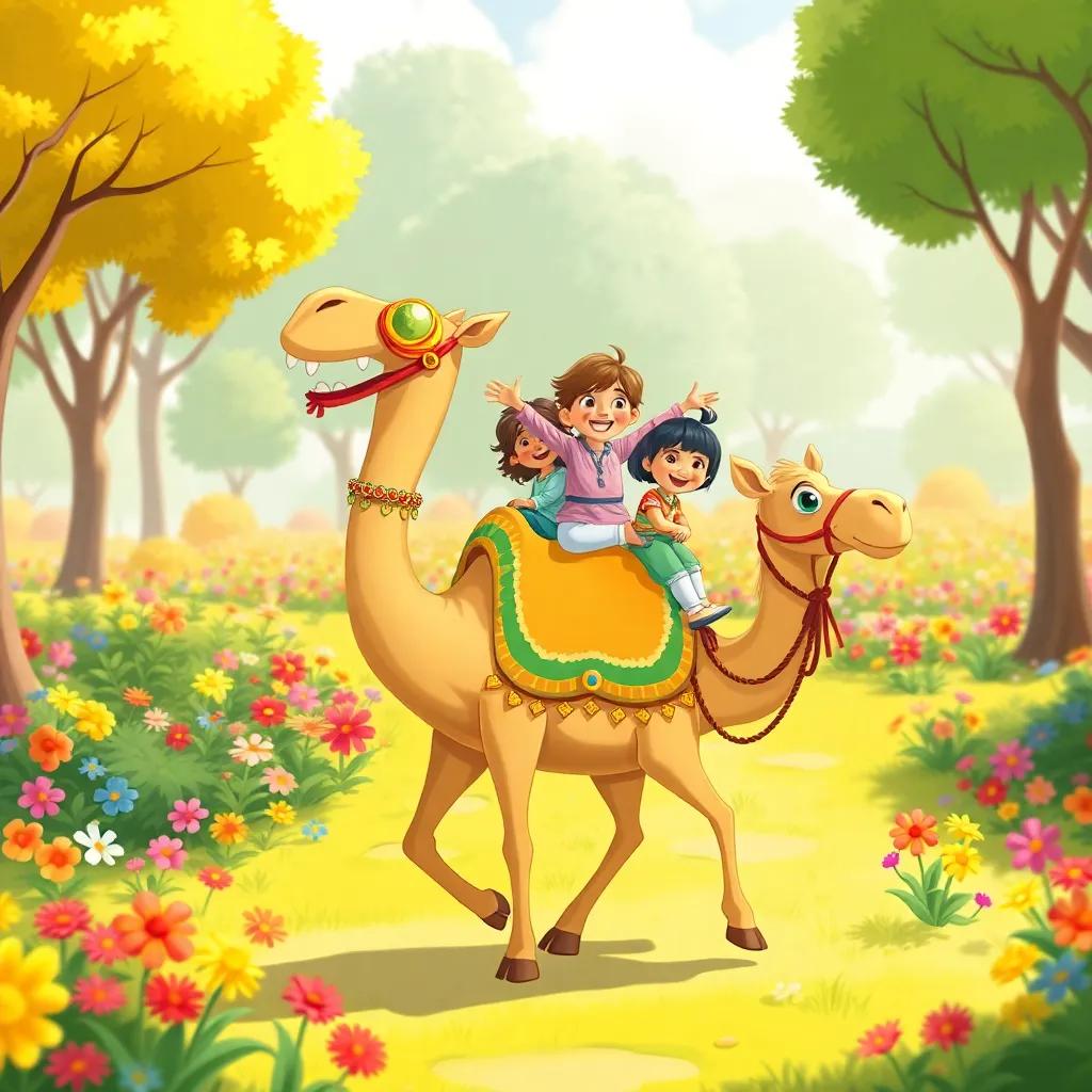 A happy camel with colorful decorations, carrying children on its back, riding through a park filled with colorful flowers and trees, warm sunlight, playful and inviting vibe, illustrations, cheerful storytelling view