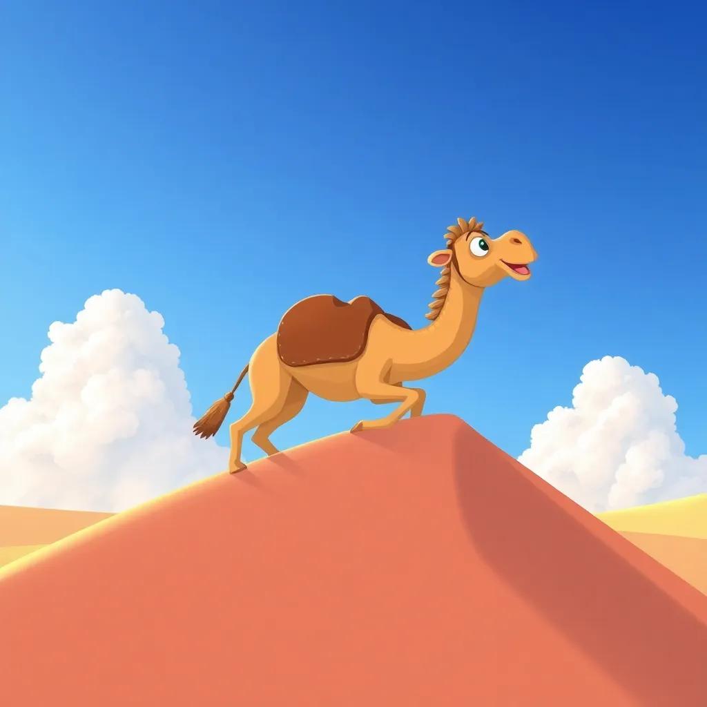 A camel, Jamloon, climbing over tall sand dunes, with fluffy clouds in the blue sky, overcoming obstacles in the desert, cheerful illustration, vibrant colors, child-friendly