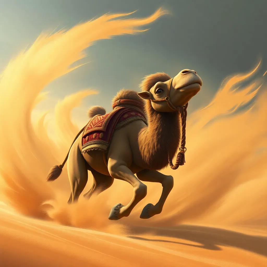 Jamloon, a brave camel, navigating through a sandstorm, with swirling sands around him, showing courage and resilience, detailed digital painting, dynamic atmosphere, high quality