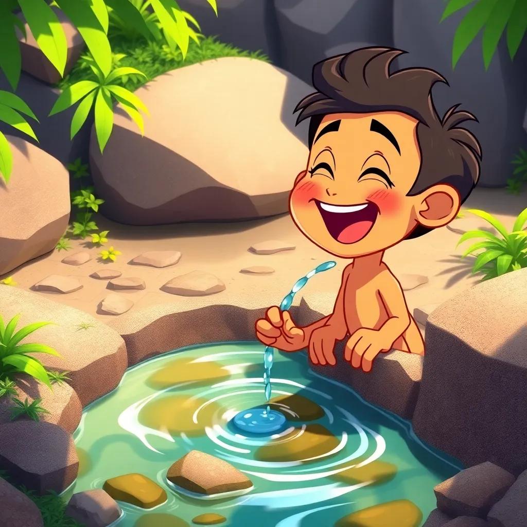A joyful scene of Jamloon discovering a water spring, drinking water, with rocks and greenery around, expression of happiness on his face, colorful illustration, uplifting view, high quality