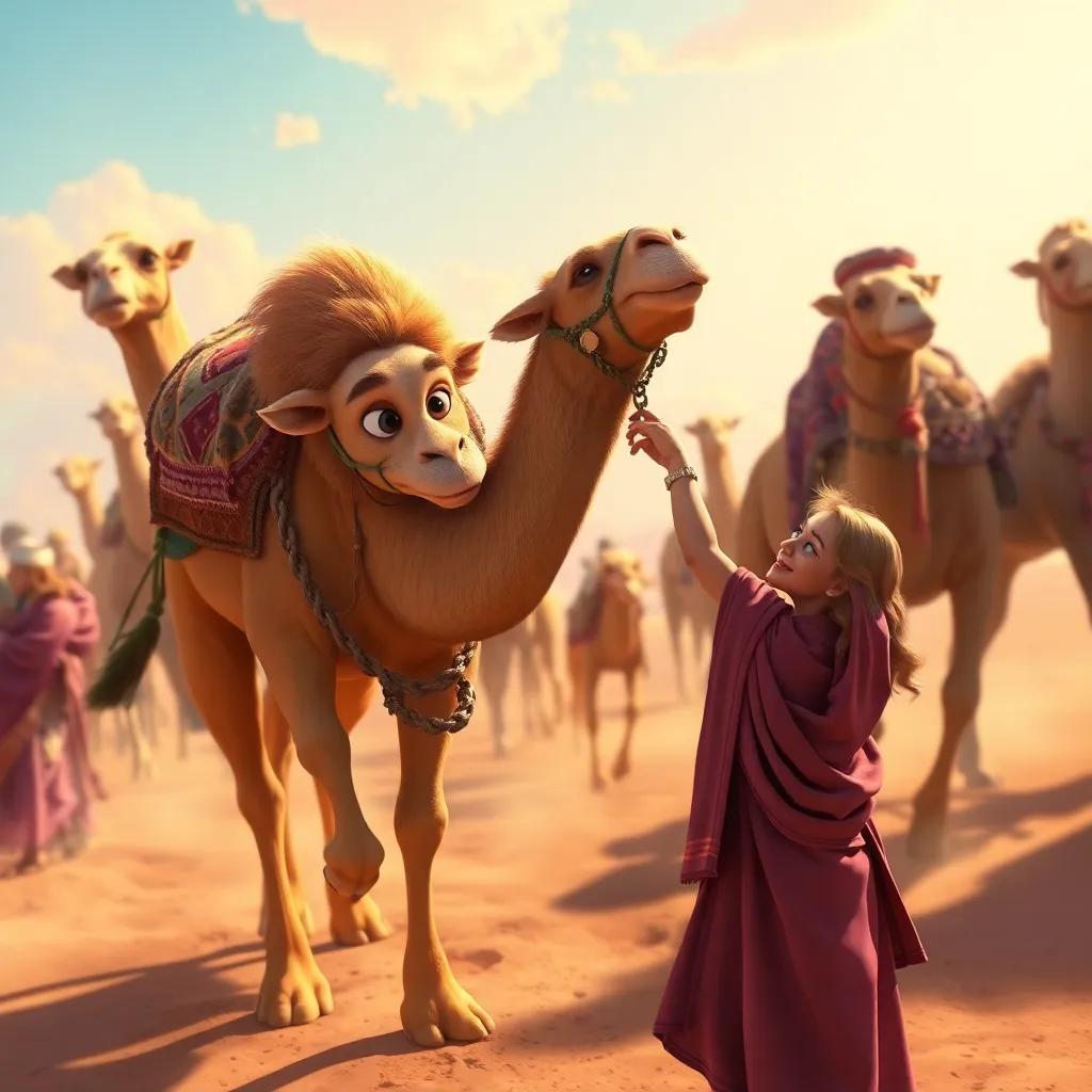 Jamloon and a lost friend camel named Dweej returning to their caravan, embraced by other camels and people, celebration of friendship, rich colors, heartwarming environment, high quality