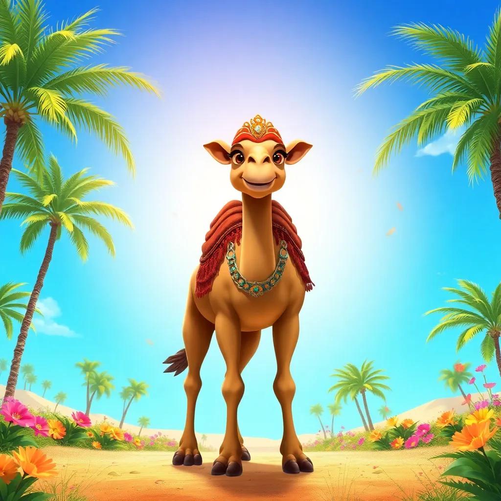 A brave camel named Jamal, standing proudly in a beautiful oasis surrounded by palm trees and vibrant flowers, with a clear blue sky above, digital art, colorful, cheerful atmosphere, high quality