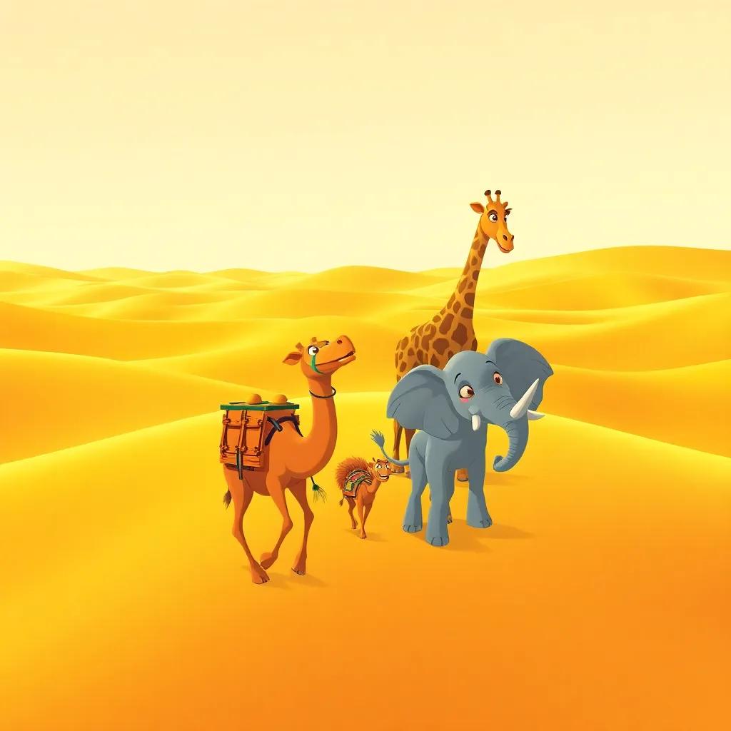 A caravan of travelers moving through endless golden sand dunes, with Jamal the camel, a small elephant, and a tall giraffe laughing and talking together, illustration, bright colors, adventurous mood, child-friendly