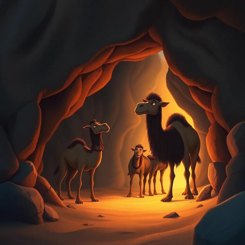 Jamal, a brave camel, hiding with his friends from a strong sandstorm, in a small cave made of rocks, with swirling sand outside and warm light inside, digital painting, dramatic, engaging story scene